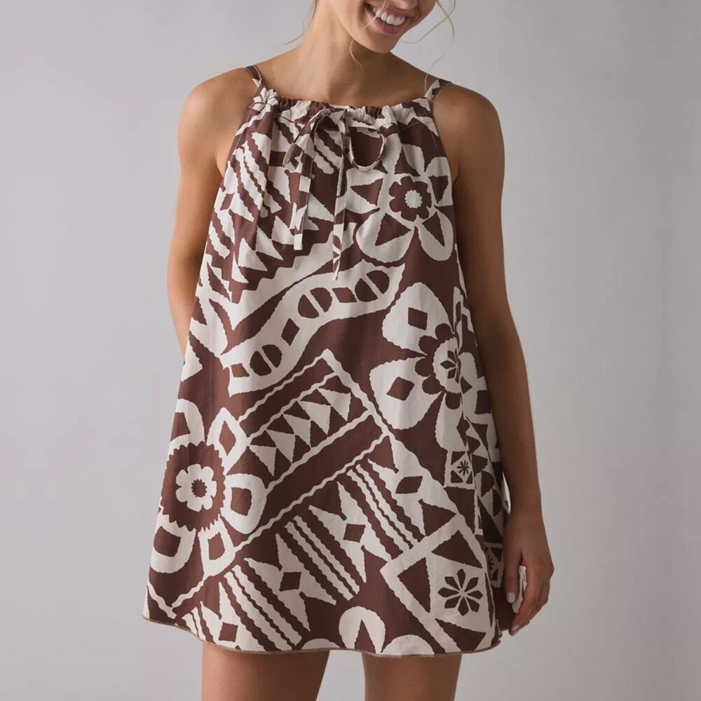 Urban Outfitters BDG Eva Tie-Front Ruched Strap Trapeze Mini Dress Brown Medium